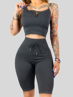 Foto 7 | Conjunto Deportiva Mujer Short Y Blusa Conj-069 Gris Stretch Fit Push Up
