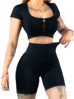 Foto 1 | Conjunto Deportivo De Mujer De Short Y Blusa Conj-070 Negro Stretch Push Up