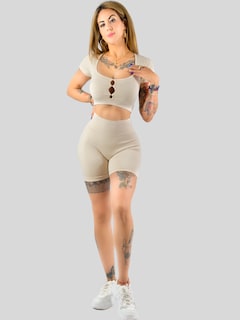 Foto 4 | Conjunto Deportivo De Mujer De Short Y Blusa Conj-070 Beige Stretch Push Up