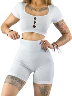 Foto 1 | Conjunto Deportivo De Mujer De Short Y Blusa Conj-070 Blanco Stretch Push Up
