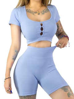 Foto 1 | Conjunto Deportivo De Mujer De Short Y Blusa Conj-070 Azul Claro Stretch Push Up