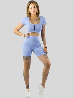 Foto 4 | Conjunto Deportivo De Mujer De Short Y Blusa Conj-070 Azul Claro Stretch Push Up