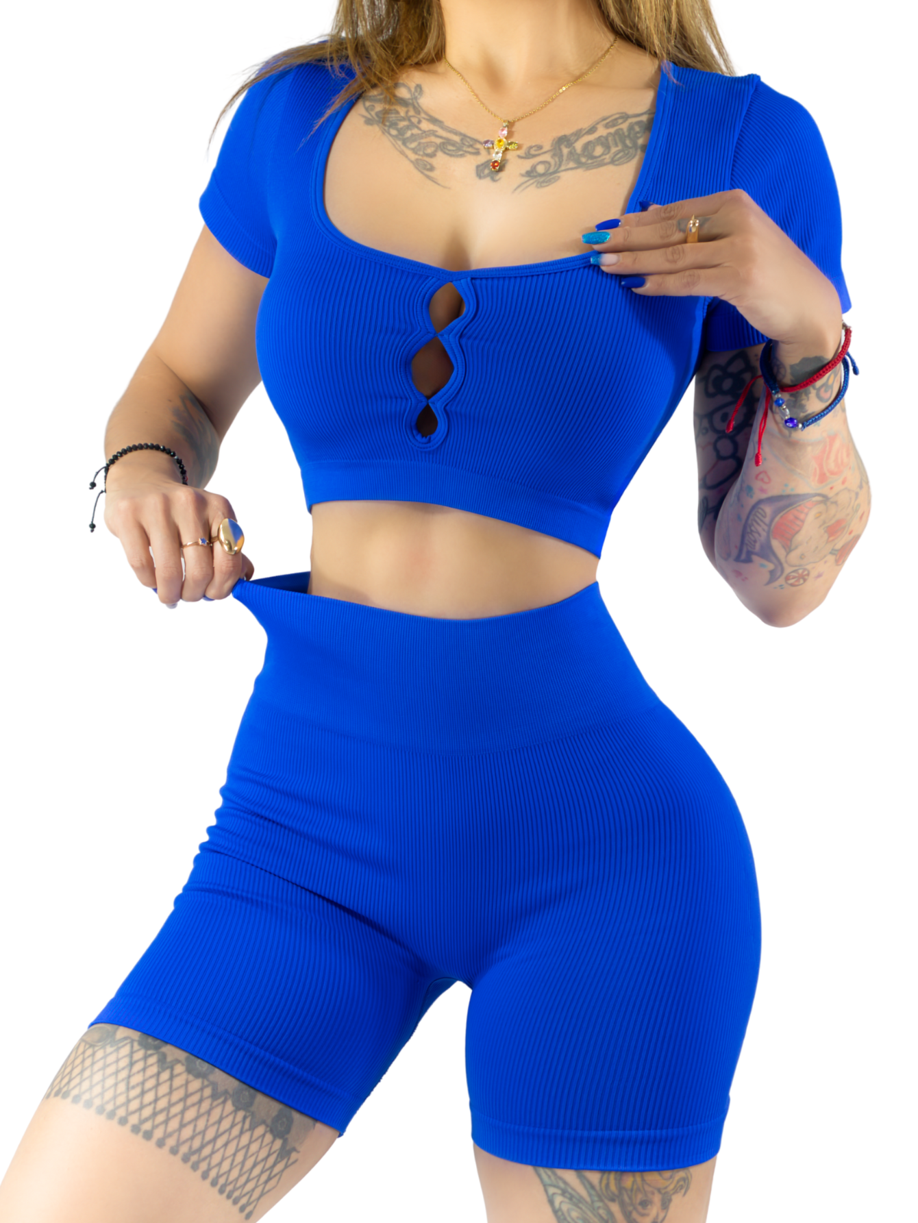 Foto 1 | Conjunto Deportivo De Mujer De Short Y Blusa Conj-070 Azul Rey Stretch Push Up