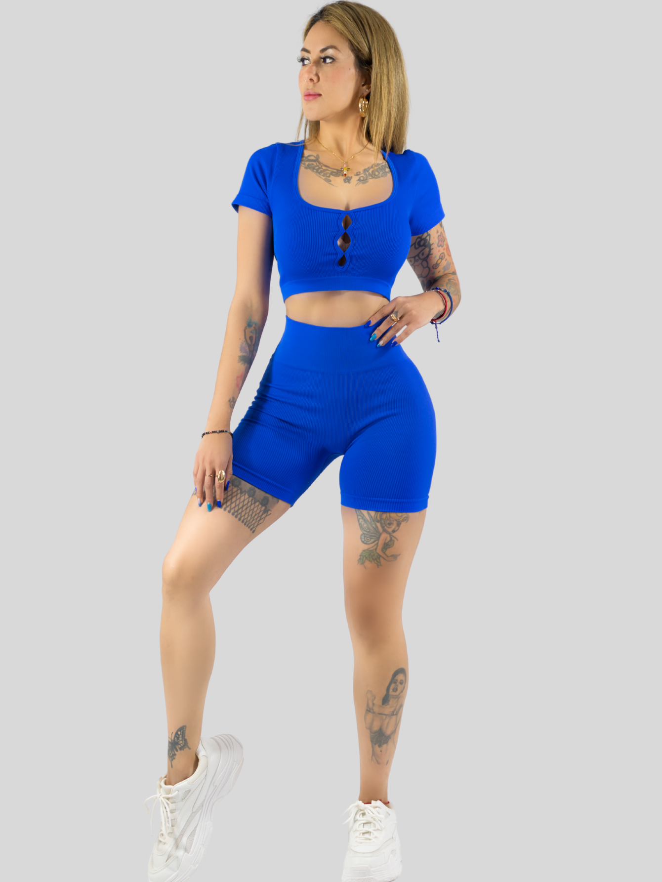 Foto 2 | Conjunto Deportivo De Mujer De Short Y Blusa Conj-070 Azul Rey Stretch Push Up