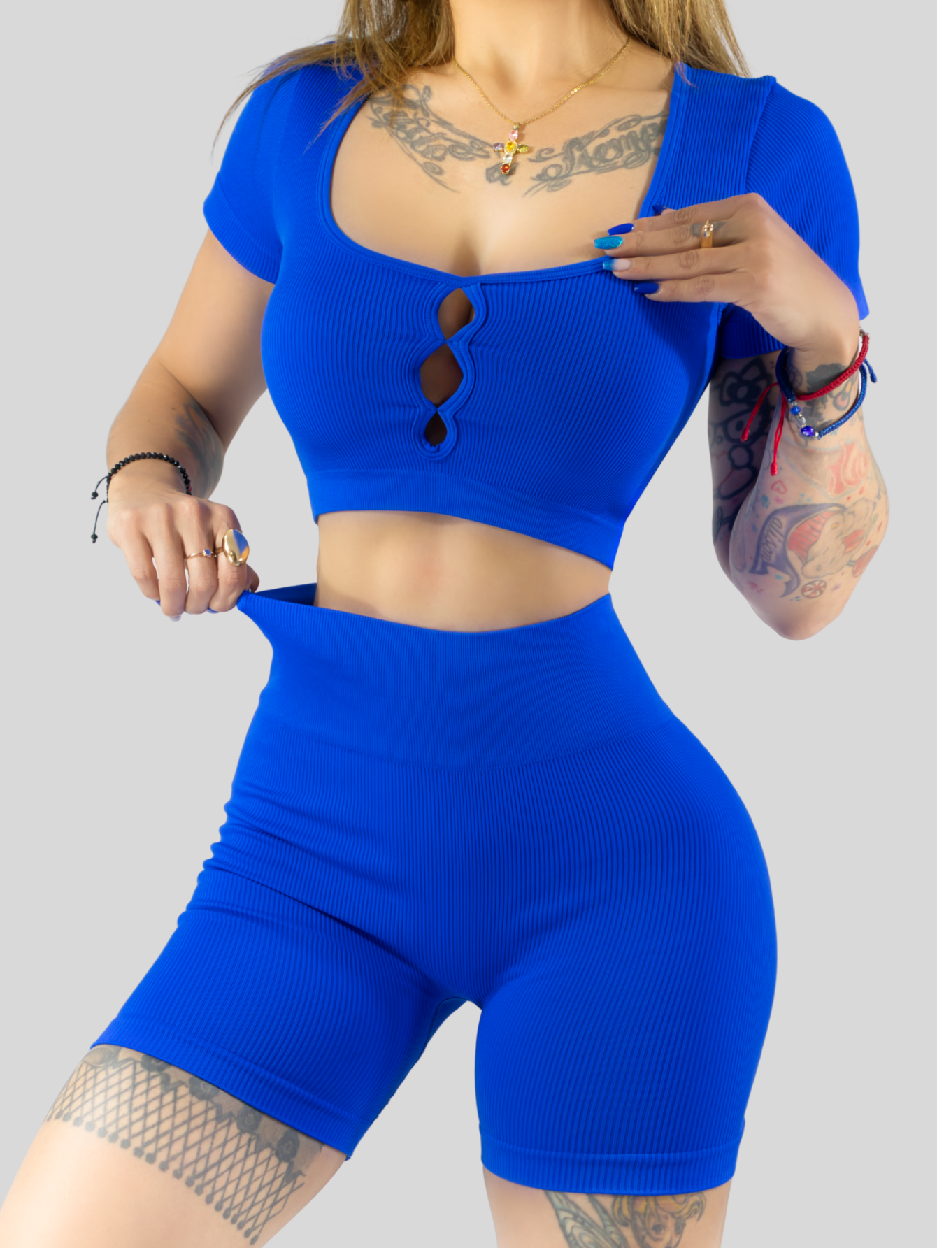 Foto 7 | Conjunto Deportivo De Mujer De Short Y Blusa Conj-070 Azul Rey Stretch Push Up
