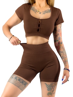Foto 1 | Conjunto Deportivo De Mujer De Short Y Blusa Conj-070 Cafe Stretch Push Up