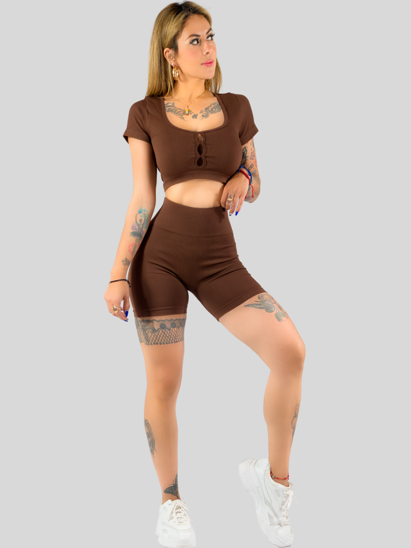 Foto 2 | Conjunto Deportivo De Mujer De Short Y Blusa Conj-070 Cafe Stretch Push Up