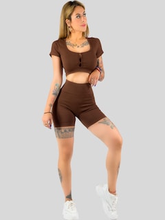 Foto 2 | Conjunto Deportivo De Mujer De Short Y Blusa Conj-070 Cafe Stretch Push Up