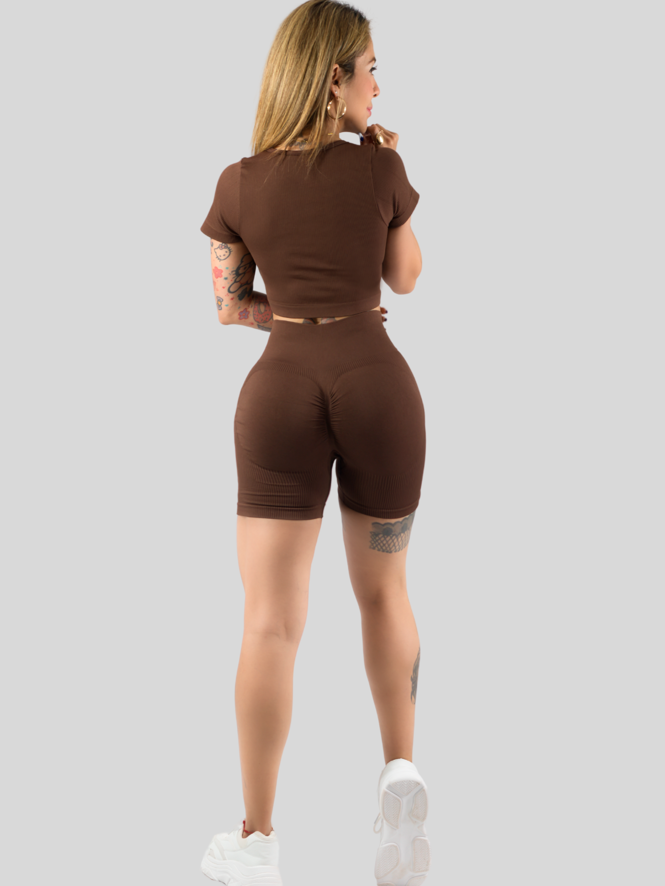 Foto 3 | Conjunto Deportivo De Mujer De Short Y Blusa Conj-070 Cafe Stretch Push Up