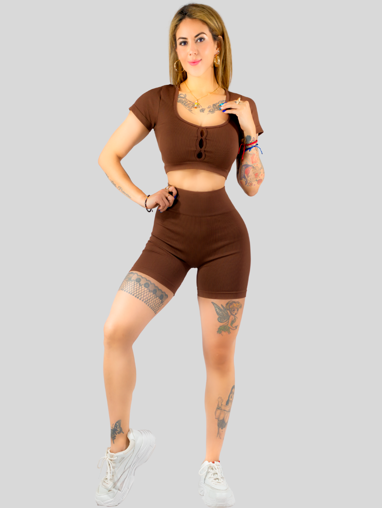 Foto 4 | Conjunto Deportivo De Mujer De Short Y Blusa Conj-070 Cafe Stretch Push Up