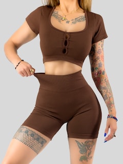 Foto 7 | Conjunto Deportivo De Mujer De Short Y Blusa Conj-070 Cafe Stretch Push Up