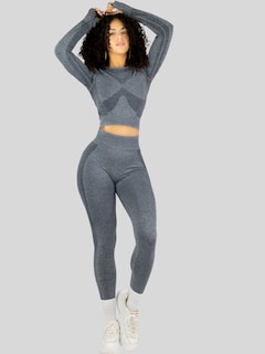 Foto 2 | Set Deportivo Mujer Gym Yoga O Casual Conj-071 Gris Claro Conjunto De Blusa Y Leggins