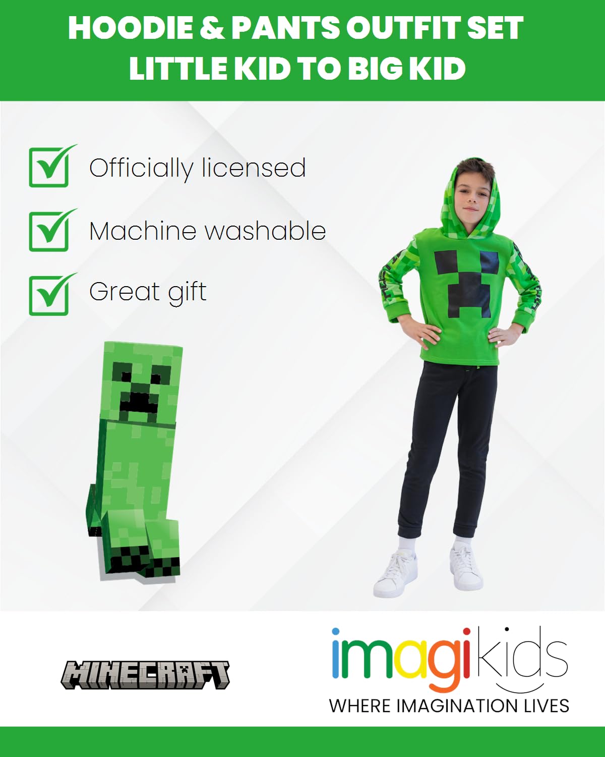 Foto 3 | Conjunto De Ropa Minecraft Creeper Little Boys, Sudadera Con Capucha Y Pantalones - Venta Internacional.