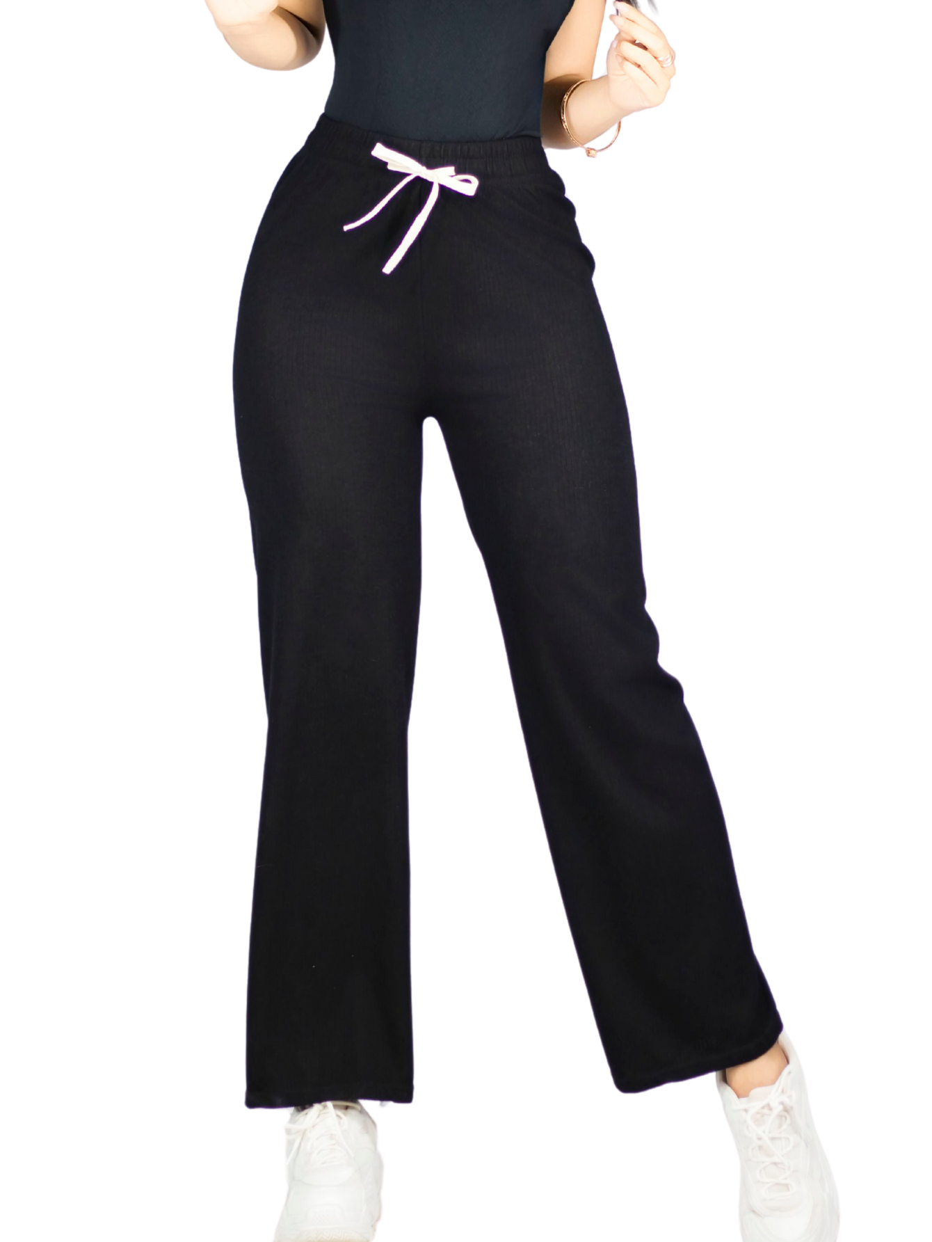 Foto 2 pulgar | Pants Mujer Anchos Wide Legs Unicolor Acanalado Pant-053 Negro Confort Y Estilo