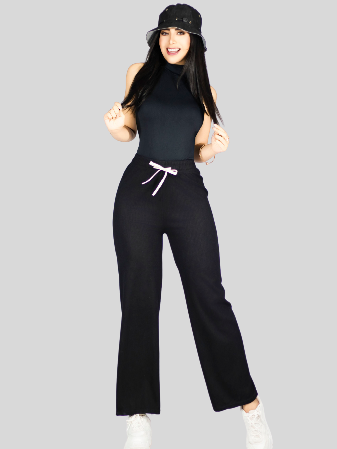 Foto 2 | Pants Mujer Anchos Wide Legs Unicolor Acanalado Pant-053 Negro Confort Y Estilo