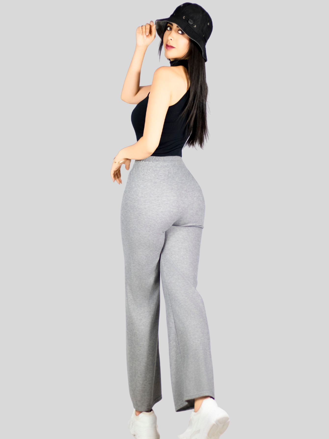 Foto 4 pulgar | Pants Mujer Anchos Wide Legs Unicolor Acanalado Pant-053 Gris Confort Y Estilo