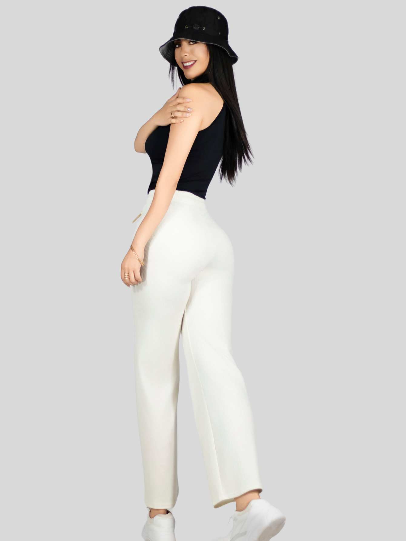 Foto 3 | Pants Mujer Anchos Wide Legs Unicolor Acanalado Pant-053 Blanco Confort Y Estilo