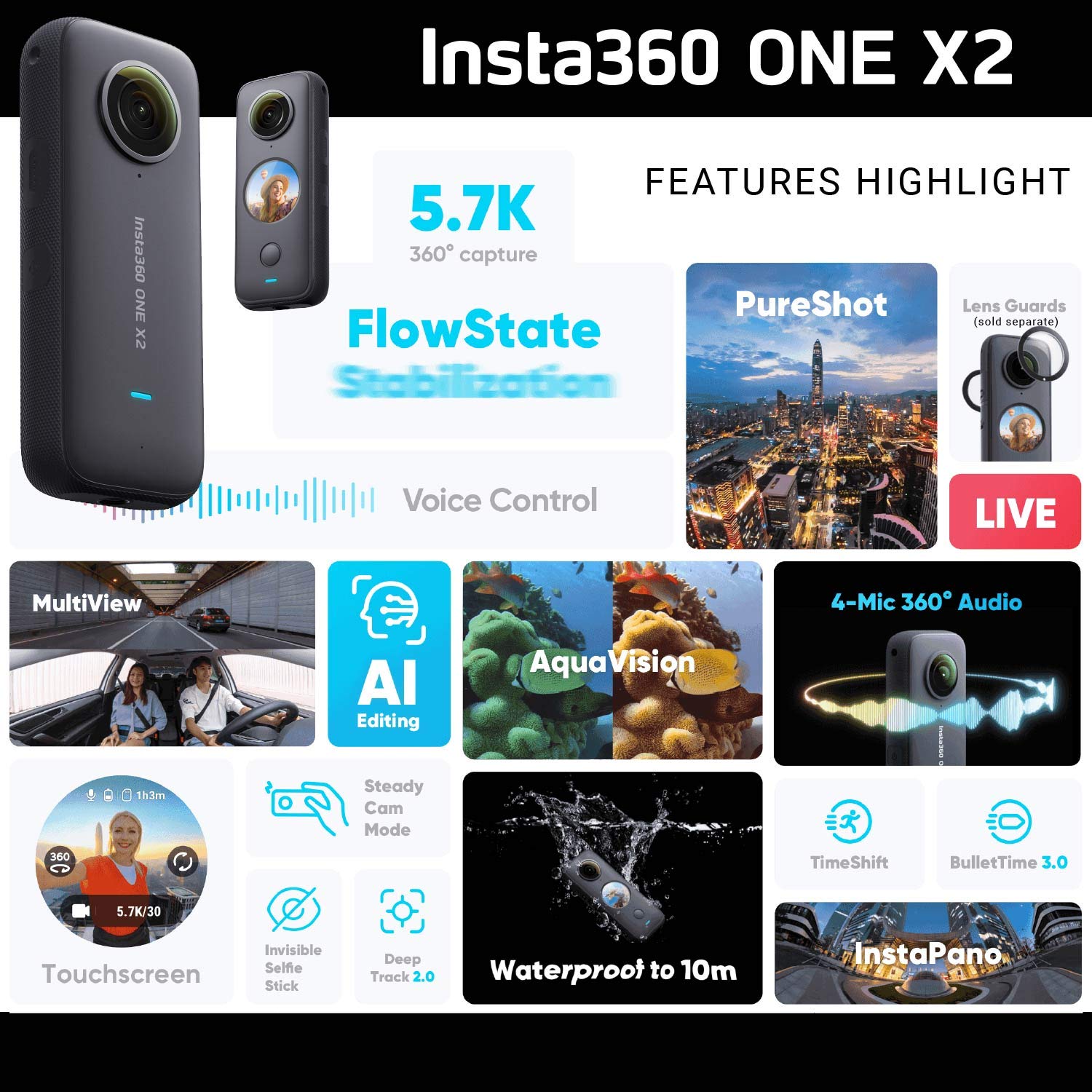 Foto 2 | Cámara 360 Insta360 One X2 Con Pantalla Táctil 5.7k30, Vídeo De 18 Mp - Venta Internacional.
