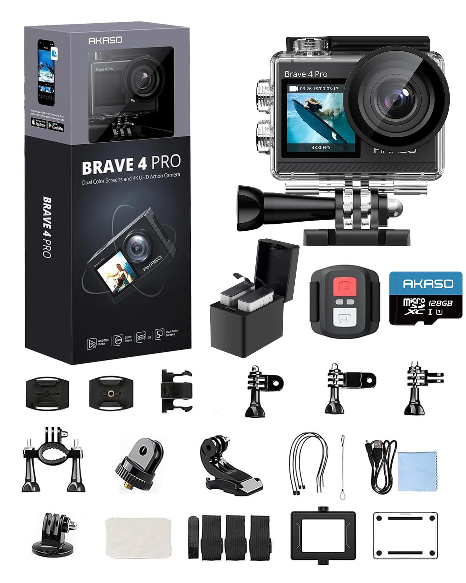 Foto 2 pulgar | Cámara De Acción Akaso Brave 4 Pro 4k30 De 20 Mp, Resistente Al Agua, 131 Pies - Venta Internacional.
