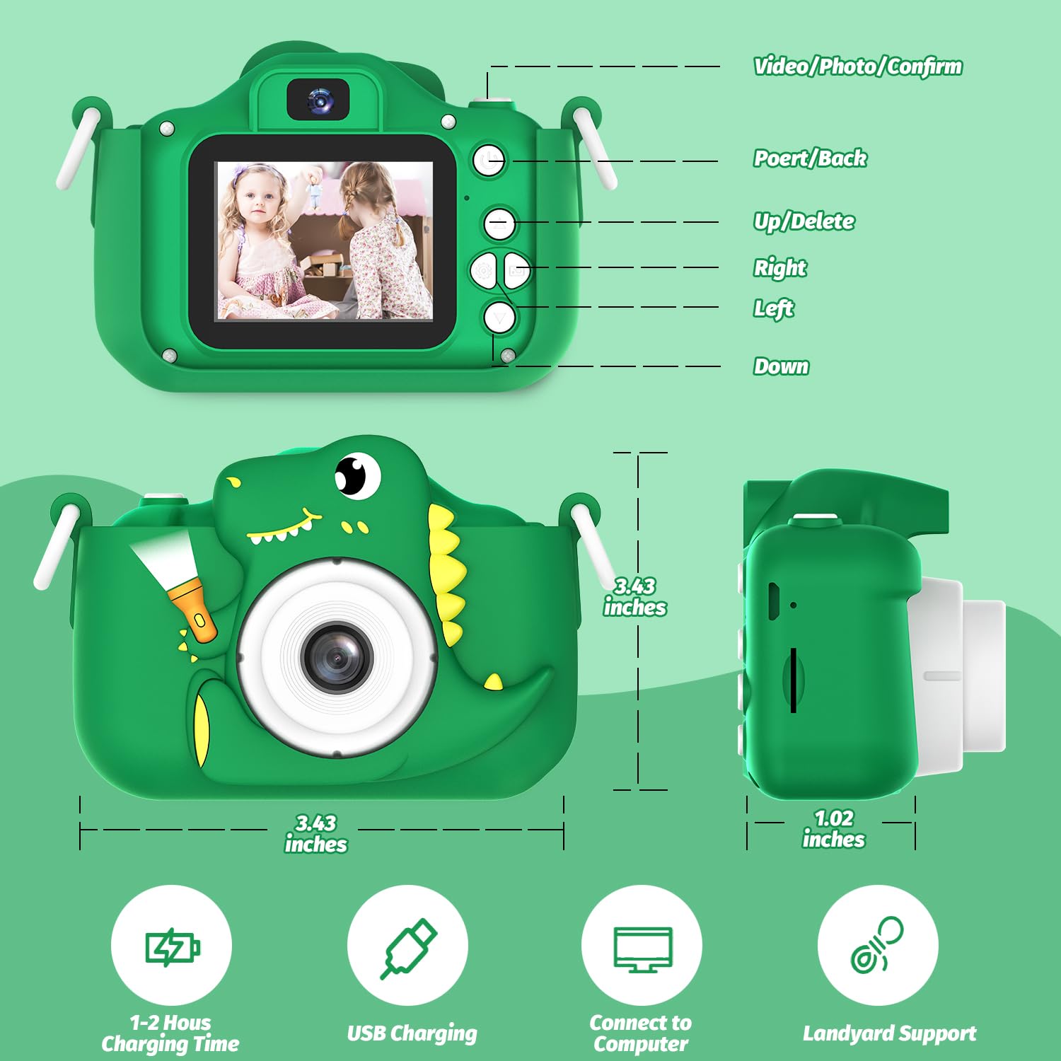 Foto 6 | Cámara Infantil Outuvas Dinosaur 12mp 1080p Hd 32gb Verde 3-12y - Venta Internacional.