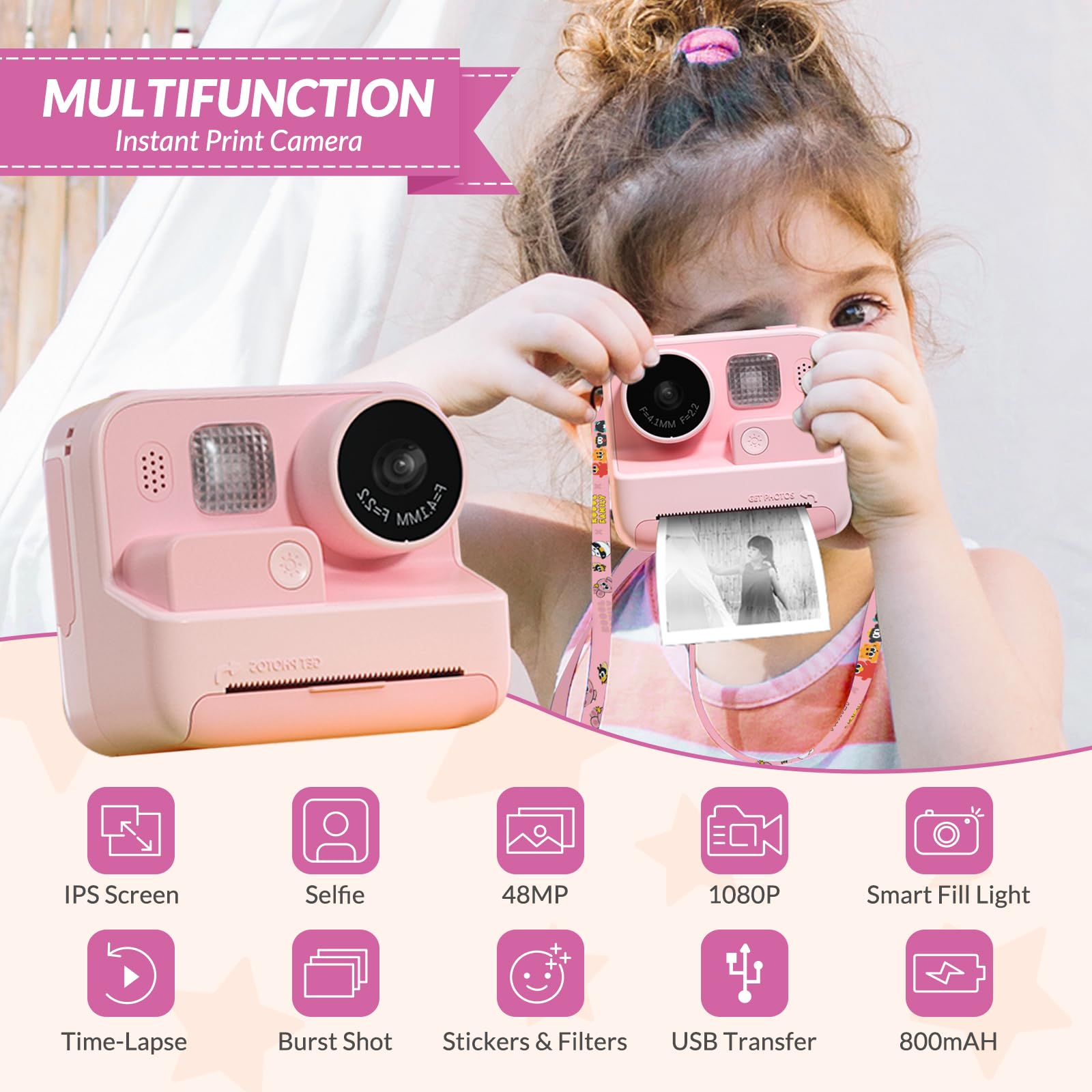 Foto 2 | Cámara Infantil Mafiti Instant Print 48mp Selfie 1080p Video Rosa - Venta Internacional.