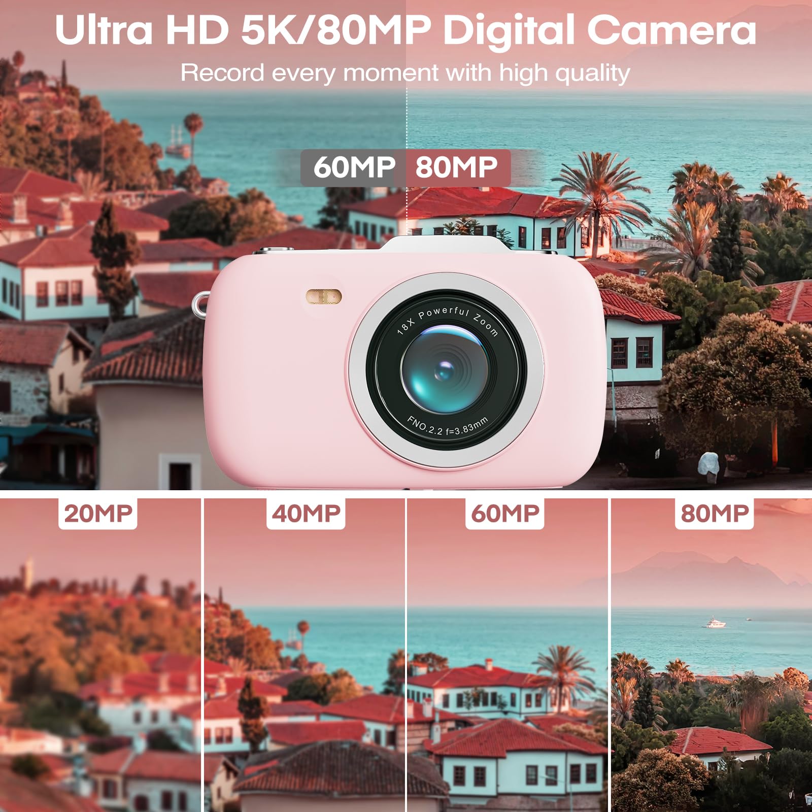 Foto 4 pulgar | Cámara Digital Camcordy De 80 Mp, Uhd, 5 K, Zoom 18x, Rosa, Con 32 Gb - Venta Internacional.