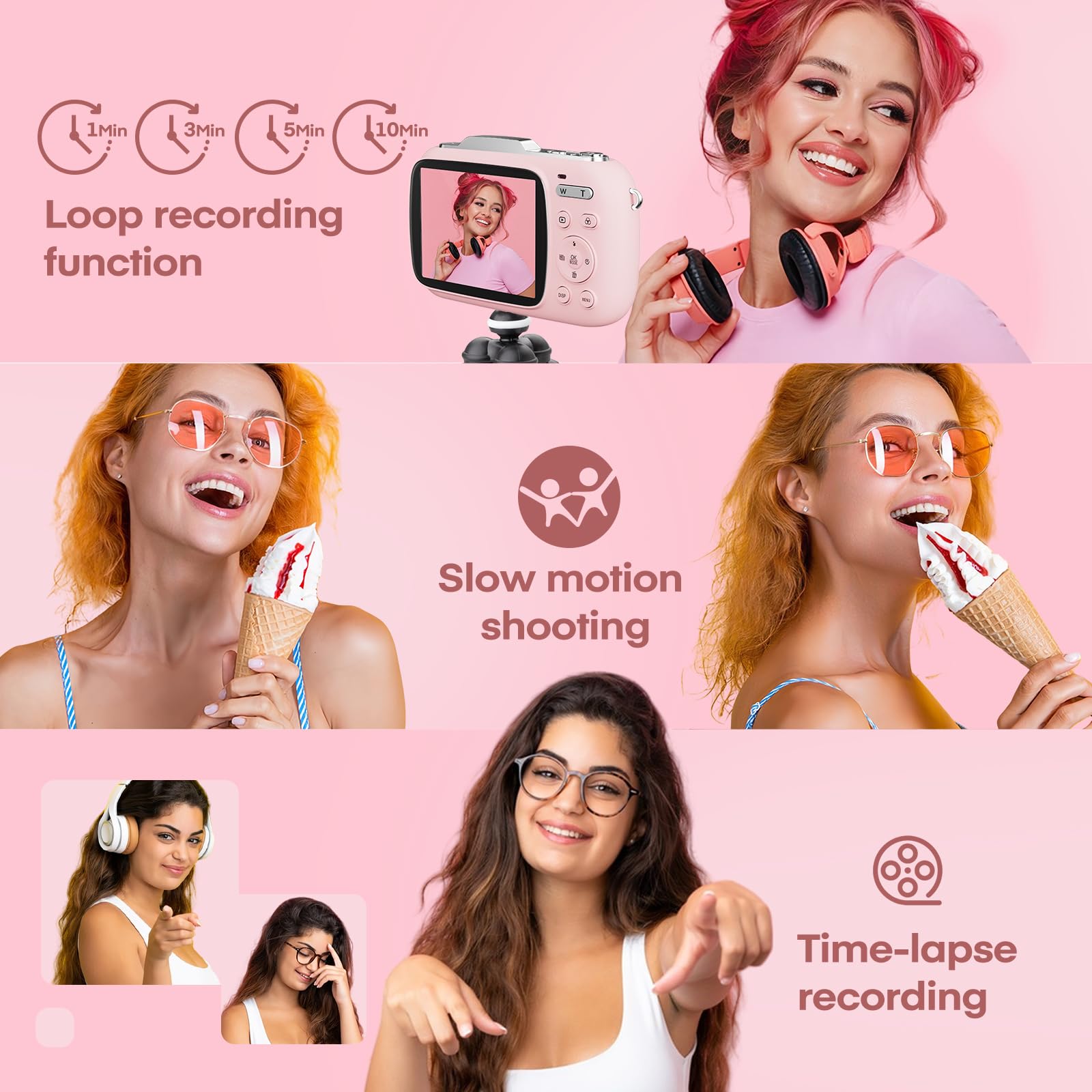 Foto 6 | Cámara Digital Camcordy De 80 Mp, Uhd, 5 K, Zoom 18x, Rosa, Con 32 Gb - Venta Internacional.