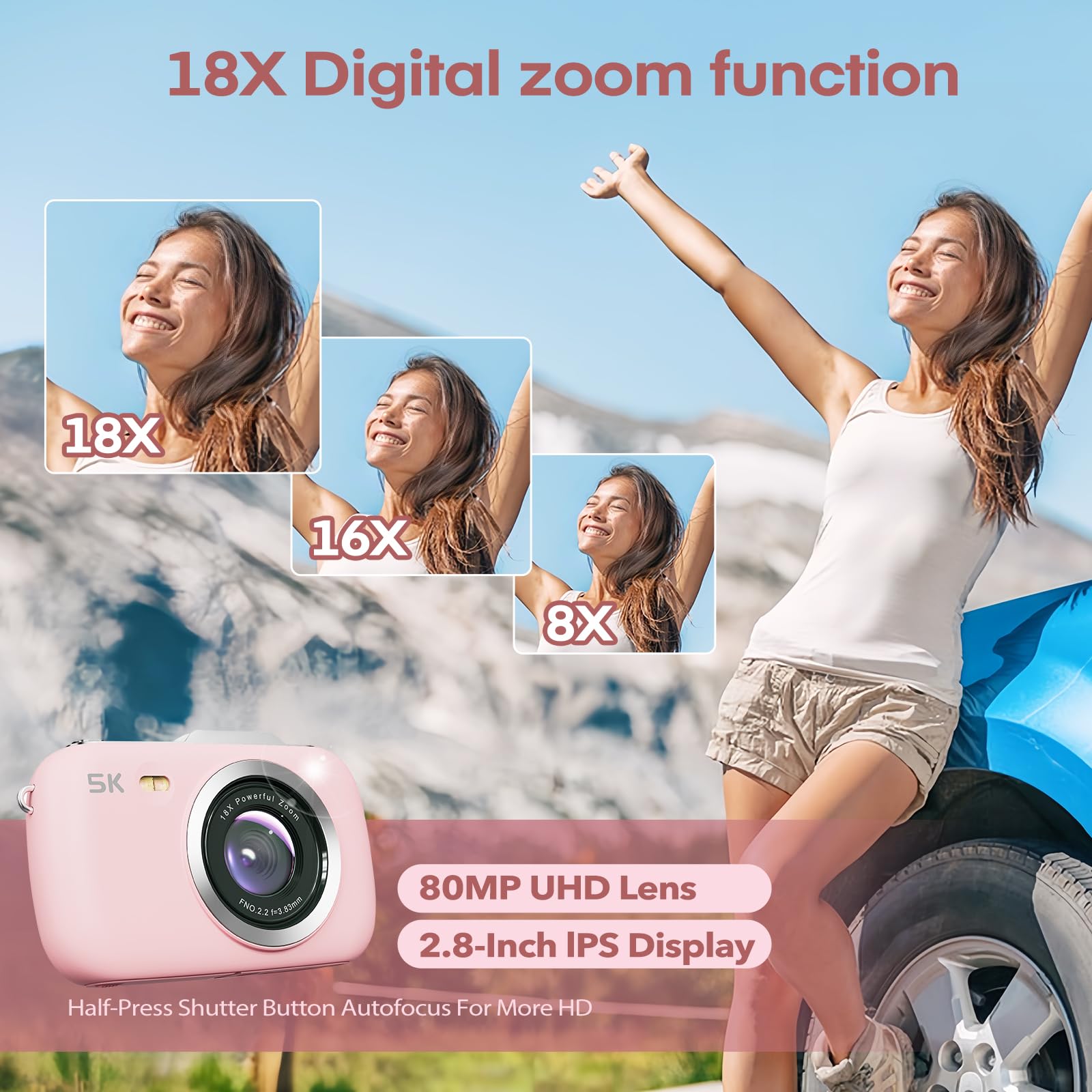 Foto 7 | Cámara Digital Camcordy De 80 Mp, Uhd, 5 K, Zoom 18x, Rosa, Con 32 Gb - Venta Internacional.