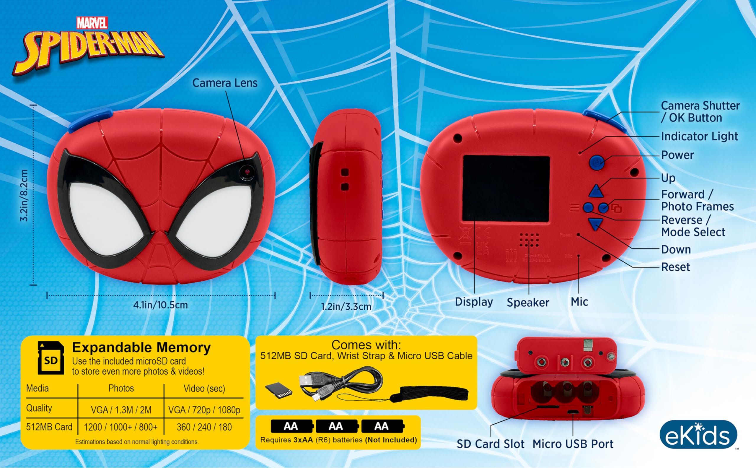 Foto 7 pulgar | Cámara Digital Ekids Spiderman Kids Con Tarjeta Sd De 512 Mb - Venta Internacional.
