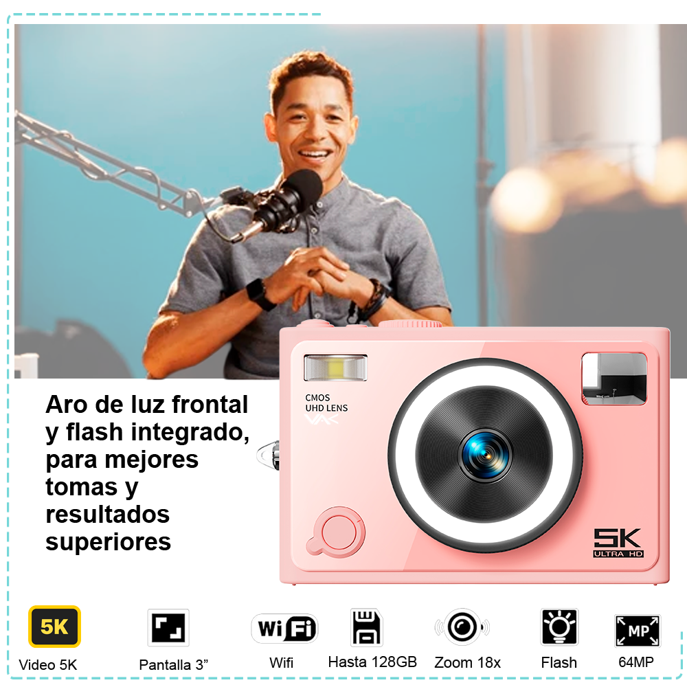 Foto 4 pulgar | Camara Digital Vak F3l 5k 2 Lentes Selfie Aro Luz Wifi 64mp