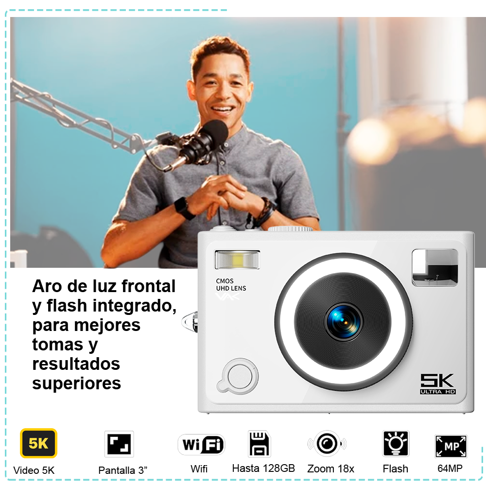 Foto 4 pulgar | Camara Digital Vak F3l 5k 2 Lentes Selfie Aro Luz Wifi 64mp