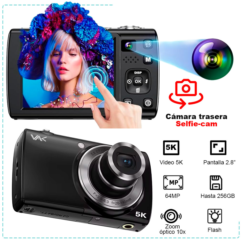 Foto 3 pulgar | Camara Digital Vak 408 5k Selfie-cam 64mp Zoom Optico