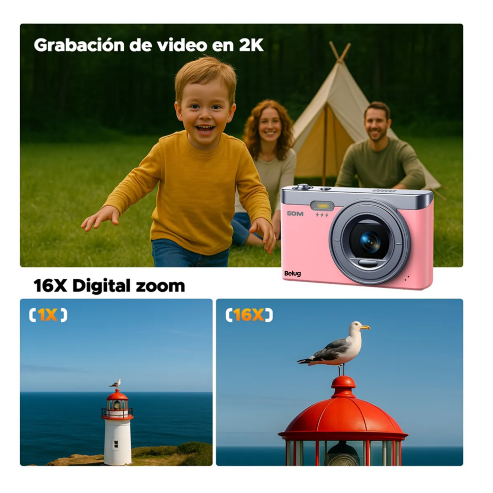 Foto 3 | Cámara Digital 50mp 2k Autofoco Principiante +32gb Belug  Rosa