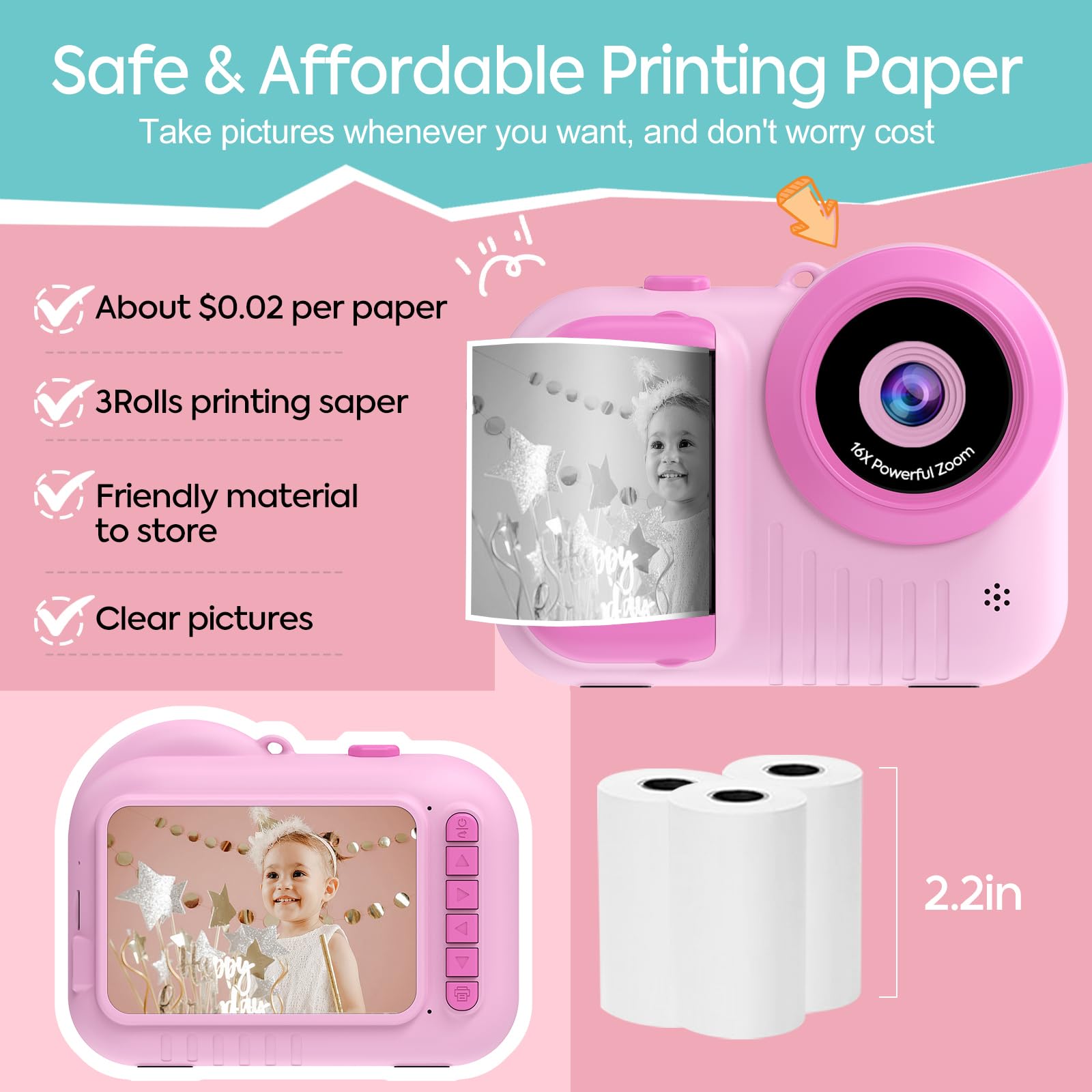 Foto 5 pulgar | Cámara Infantil De Impresión Instantánea Yosatoo Kc8 De 3.5 Pulgadas Con 3 Rollos De Papel - Venta Internacional.