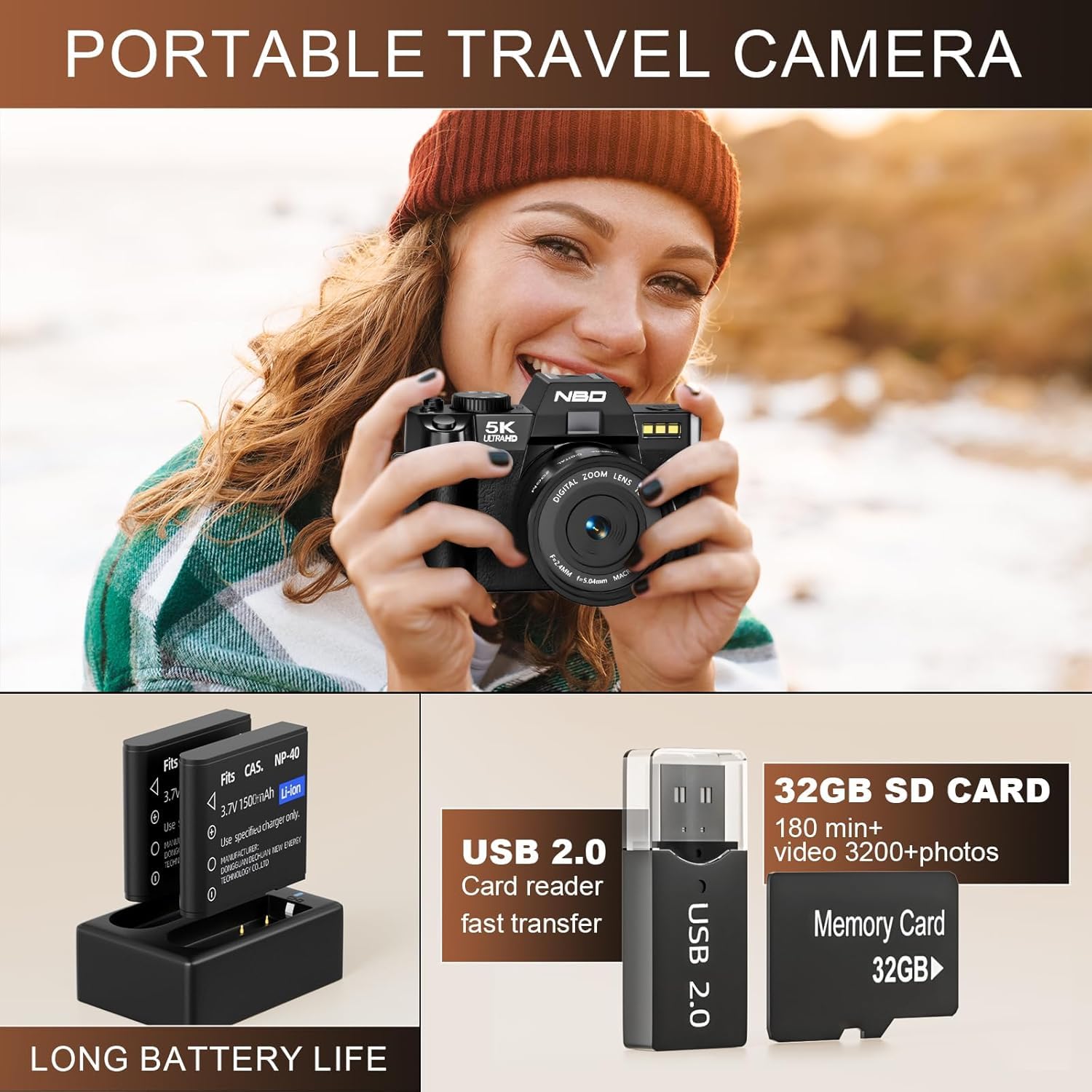 Foto 7 | Cámara Digital Nbd 5k  48 Mp  Enfoque Automático  Vlogs  Vídeo  32 Gb  Negra - Venta Internacional.