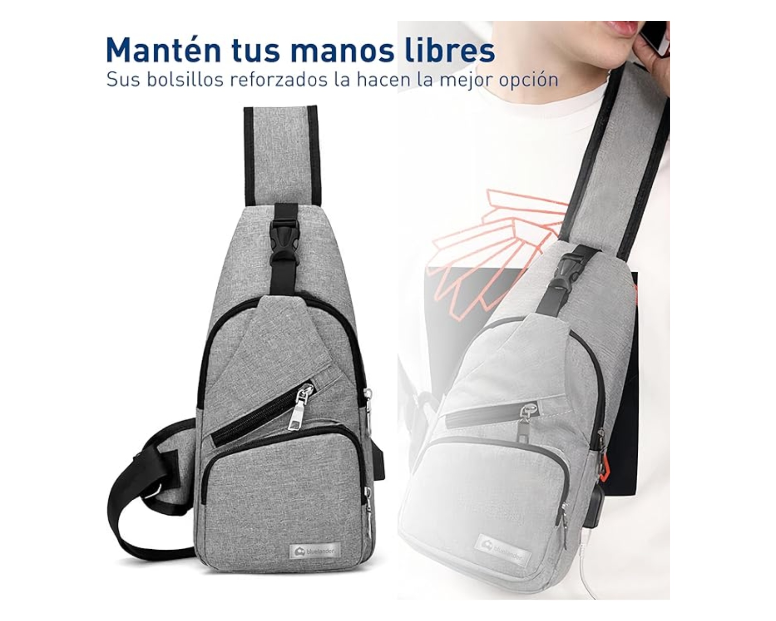 Foto 6 pulgar | Mochila Cruzada  Bluelander Antirrobo Color Gris Impermeable