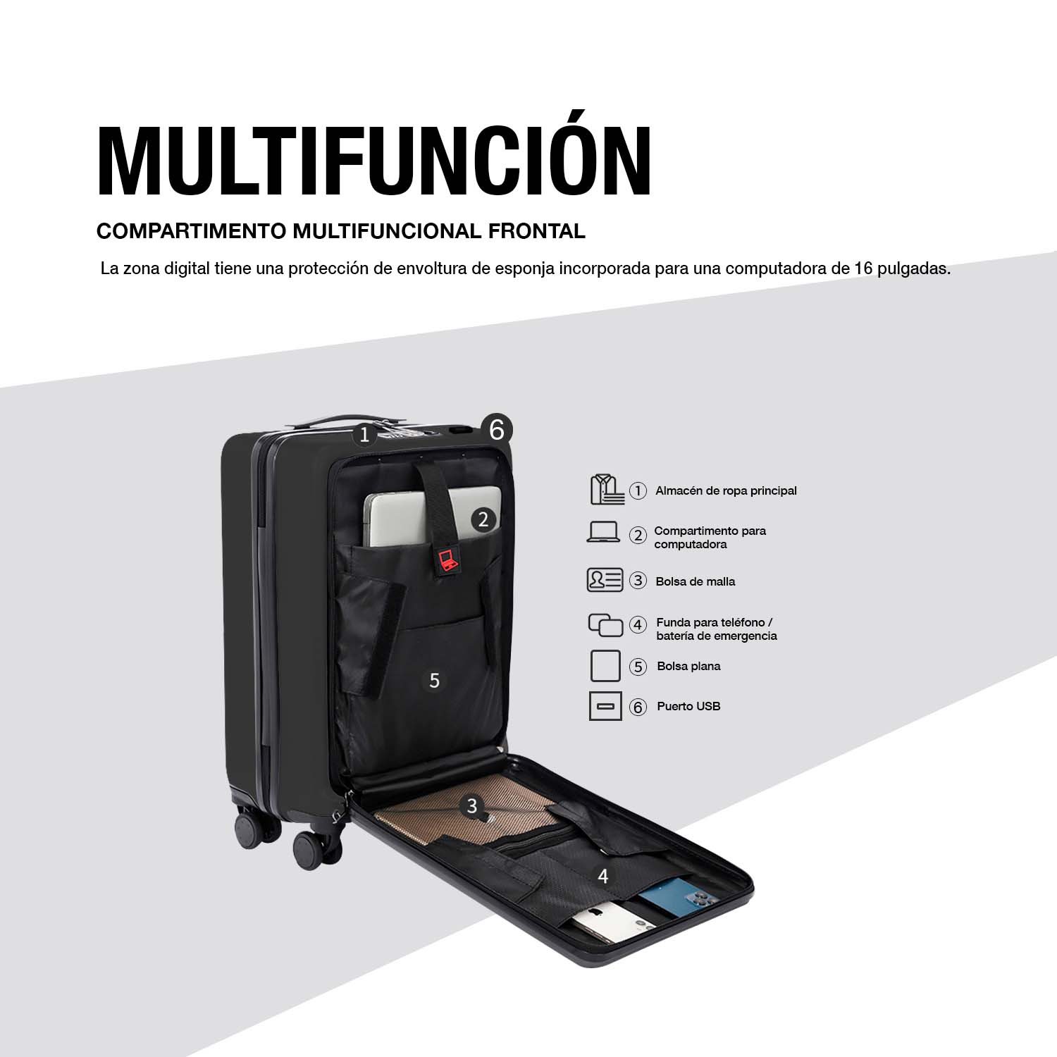 Foto 2 | Maleta de Mano Carry On 20" Puerto USB Bolsa Frontal
