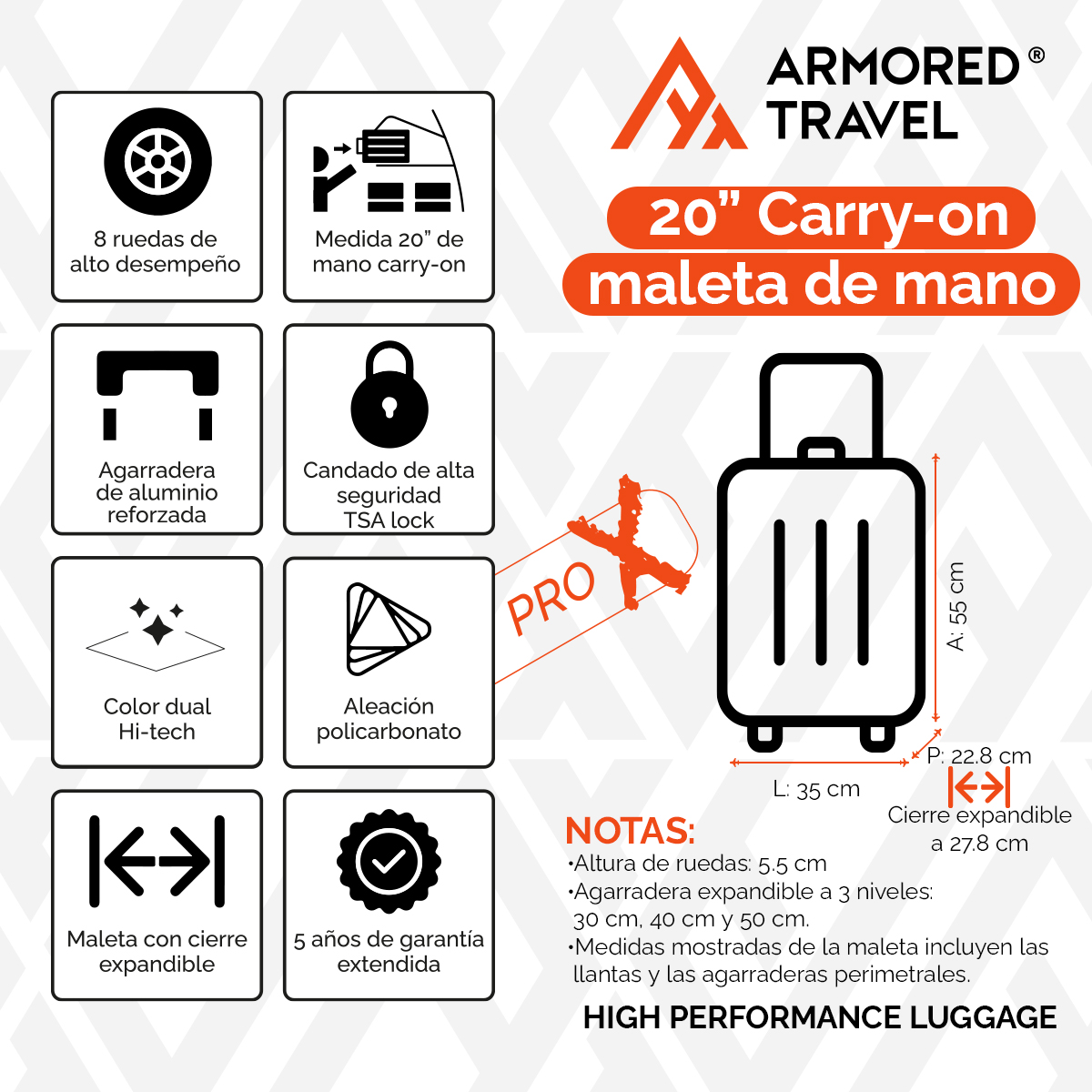 Foto 3 pulgar | Maleta de Viaje Armored Travel ProX Dark Negro Carry On 20'' 10kg de Policarbonato