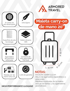 Foto 2 | Maleta de Viaje 10 KG Carry On 20'' Armored Travel Negro