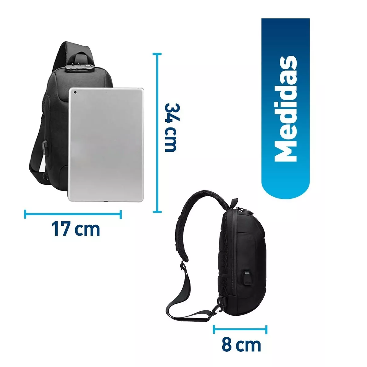 Foto 3 pulgar | Mochila Antirrobo Cruzada Bolso Pecho Con Código Integrado Eo Safe Imports Esi-11337 Negro