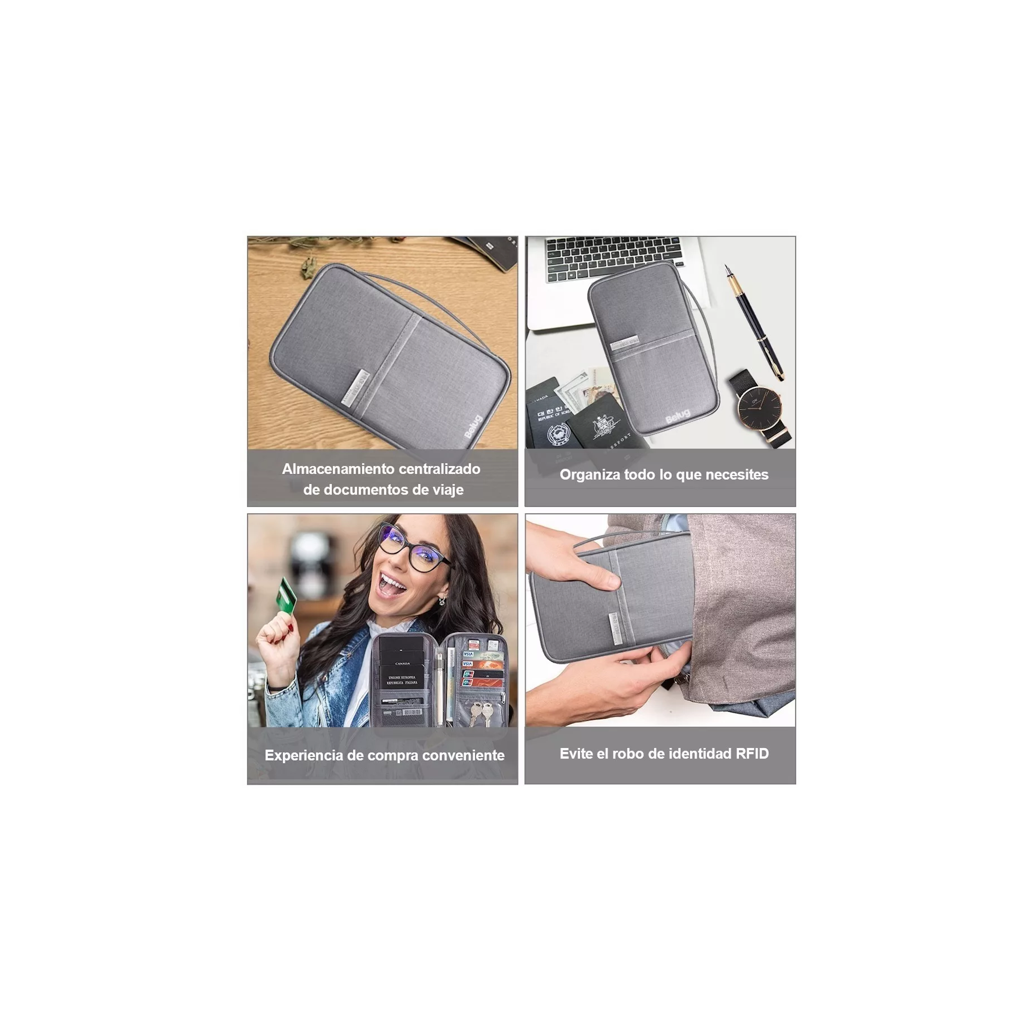 Foto 4 pulgar | Cartera Porta Funda Pasaporte Documentos, Gris Belug