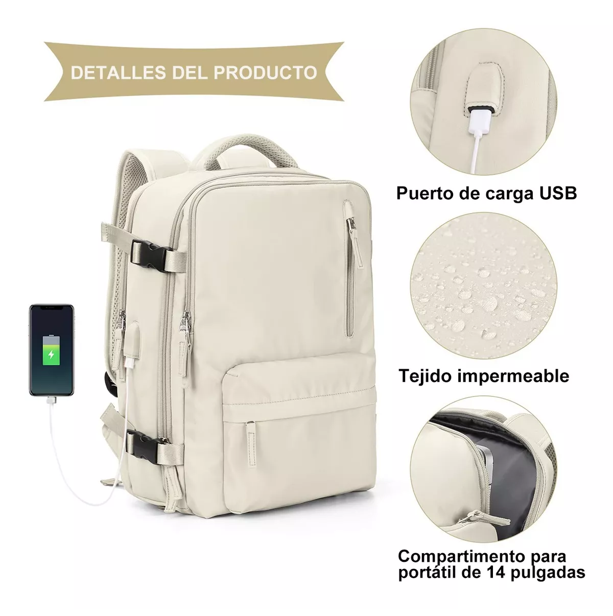 Foto 4 pulgar | Mochila Para Laptop Viaje Con Gran Capacidad Beige