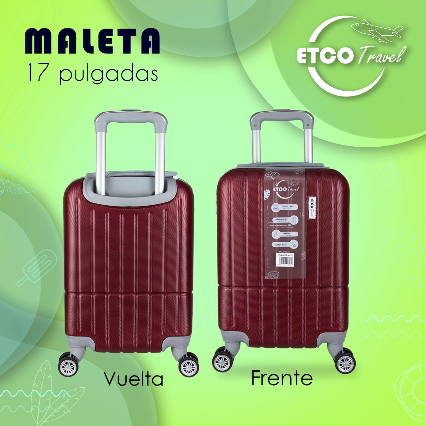 Foto 4 pulgar | Maleta con Ruedas Etco Travel 17 Pulgadas Vino