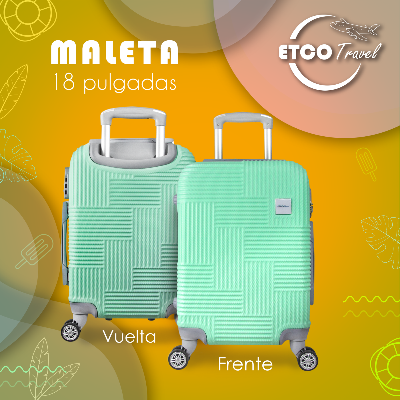 Foto 3 pulgar | Maleta De Mano Color Verde Aqua Con Ruedas Giro 360° De Viaje Avión, 18 Pulgadas Carry On Etco Travel