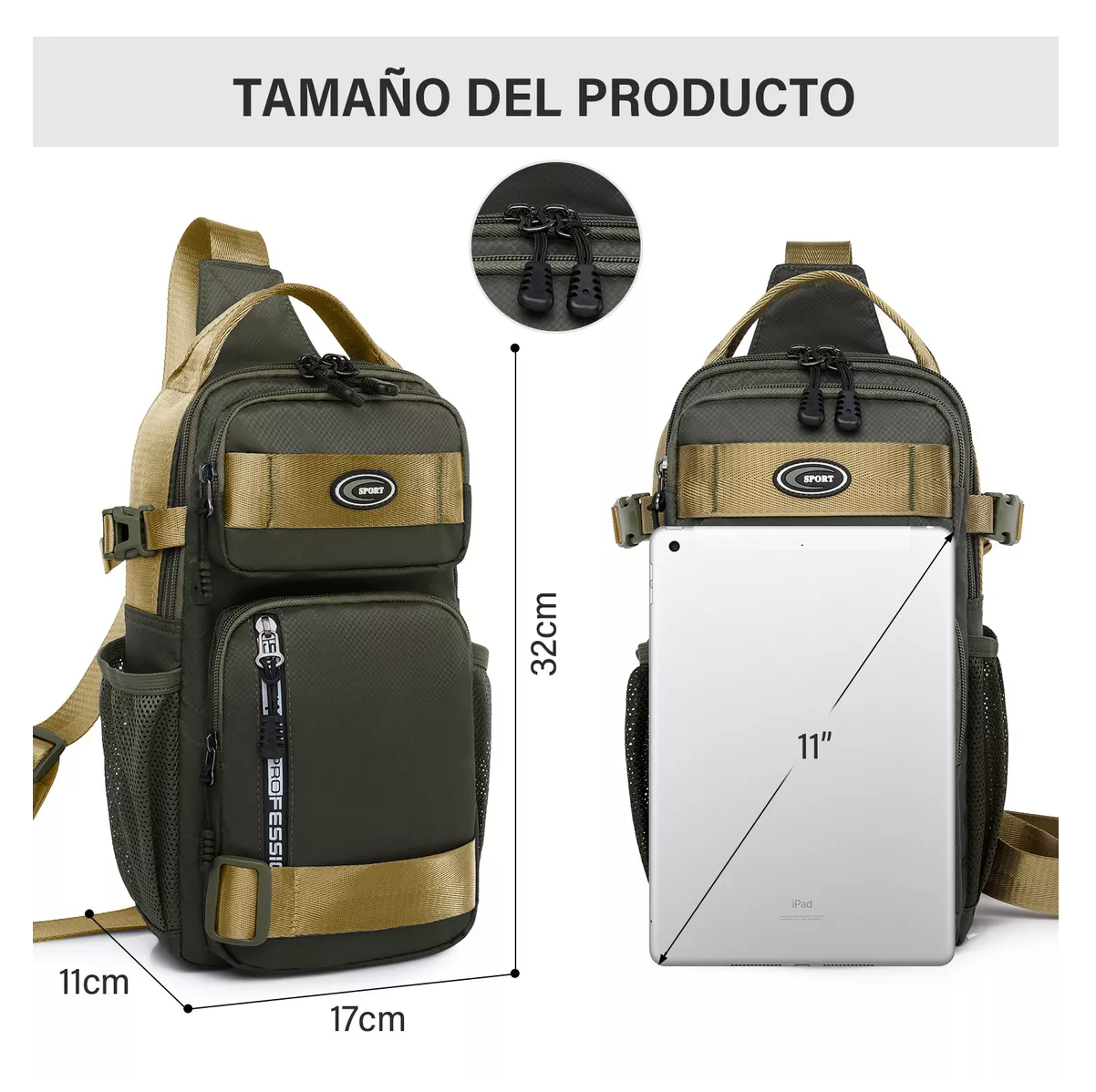 Foto 2 | Maletin Pechera Para Hombre Multibolsillo Verde Oscuro