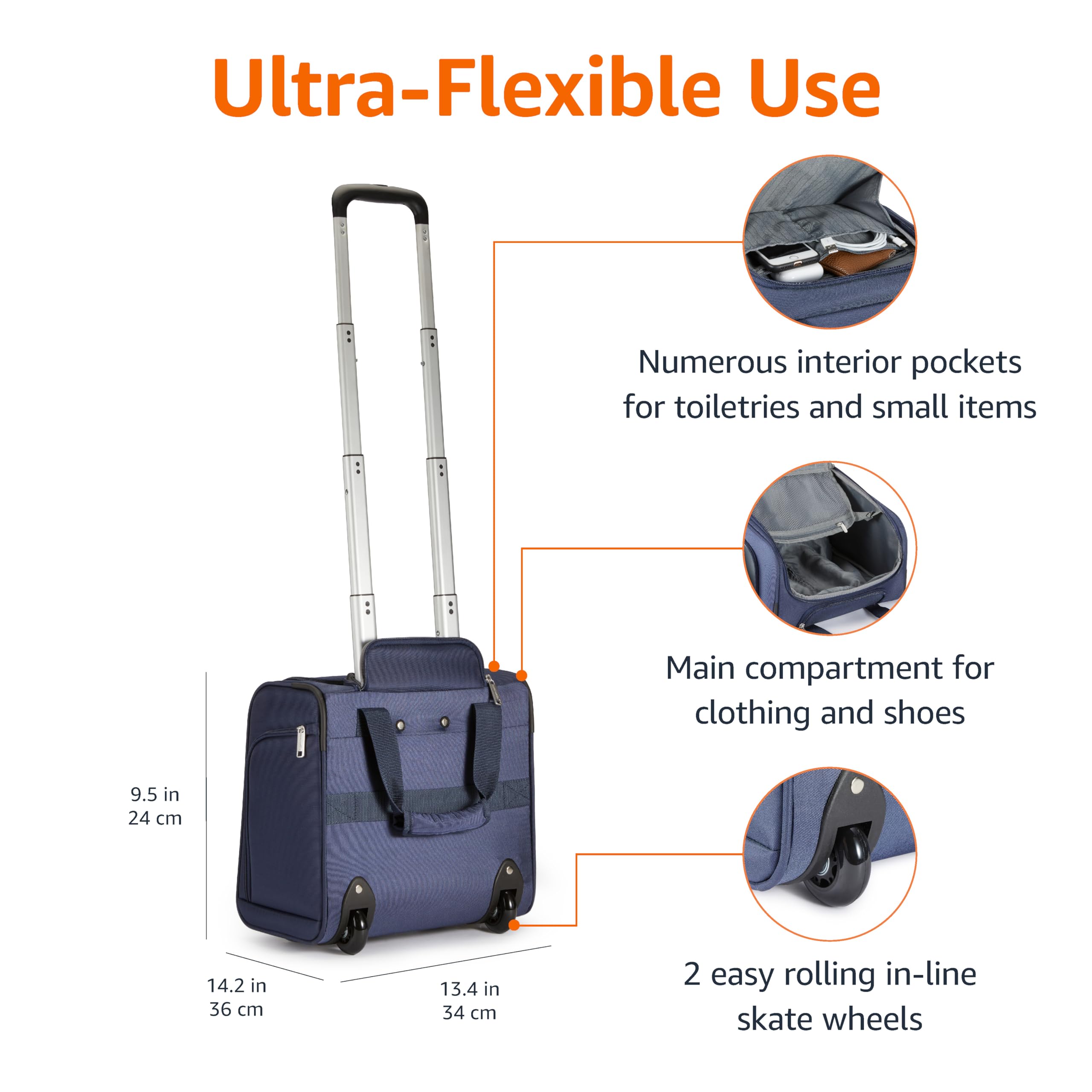 Foto 3 pulgar | Equipaje De Mano Amazon Basics Para Debajo Del Asiento, 14 Pulgadas, Azul Marino - Venta Internacional.