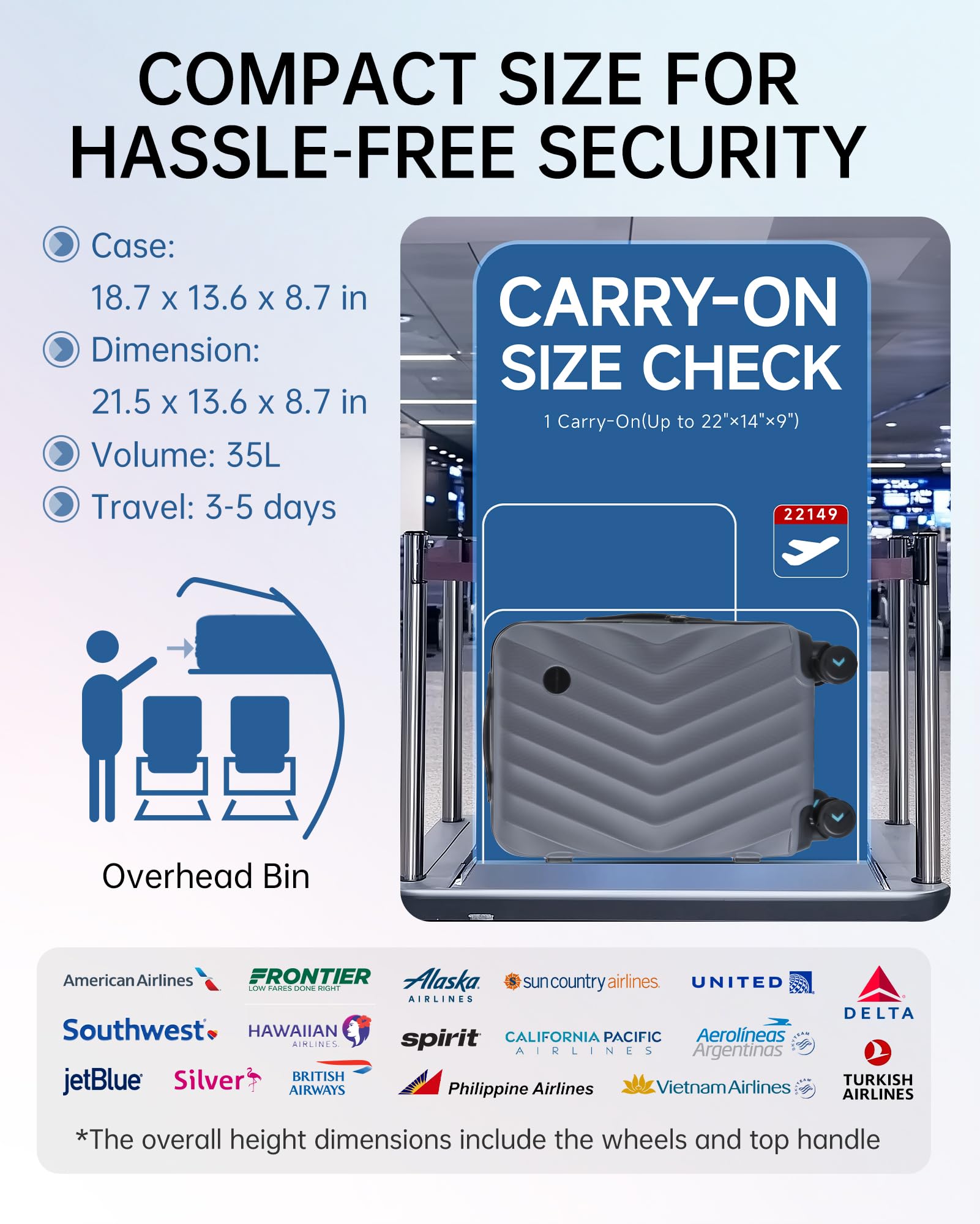 Foto 5 | Bolsa De Equipaje De Mano Smart Pc De 20 Pulgadas Con Cara Dura Gris Con Ruedas - Venta Internacional.