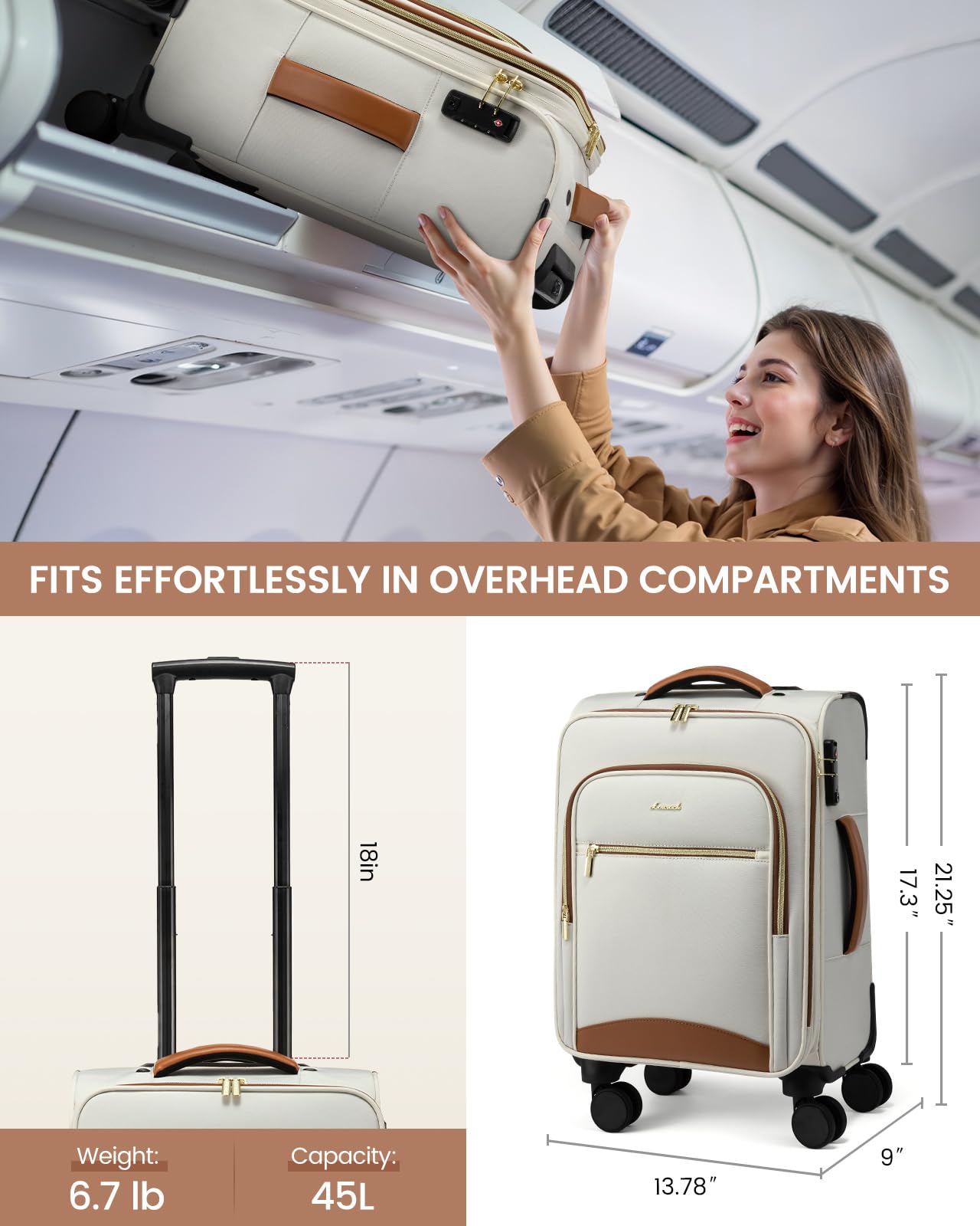 Foto 4 pulgar | Equipaje De Mano Lovevook De 20 Pulgadas Aprobado Por La Aerolínea, Beige Y Marrón - Venta Internacional.