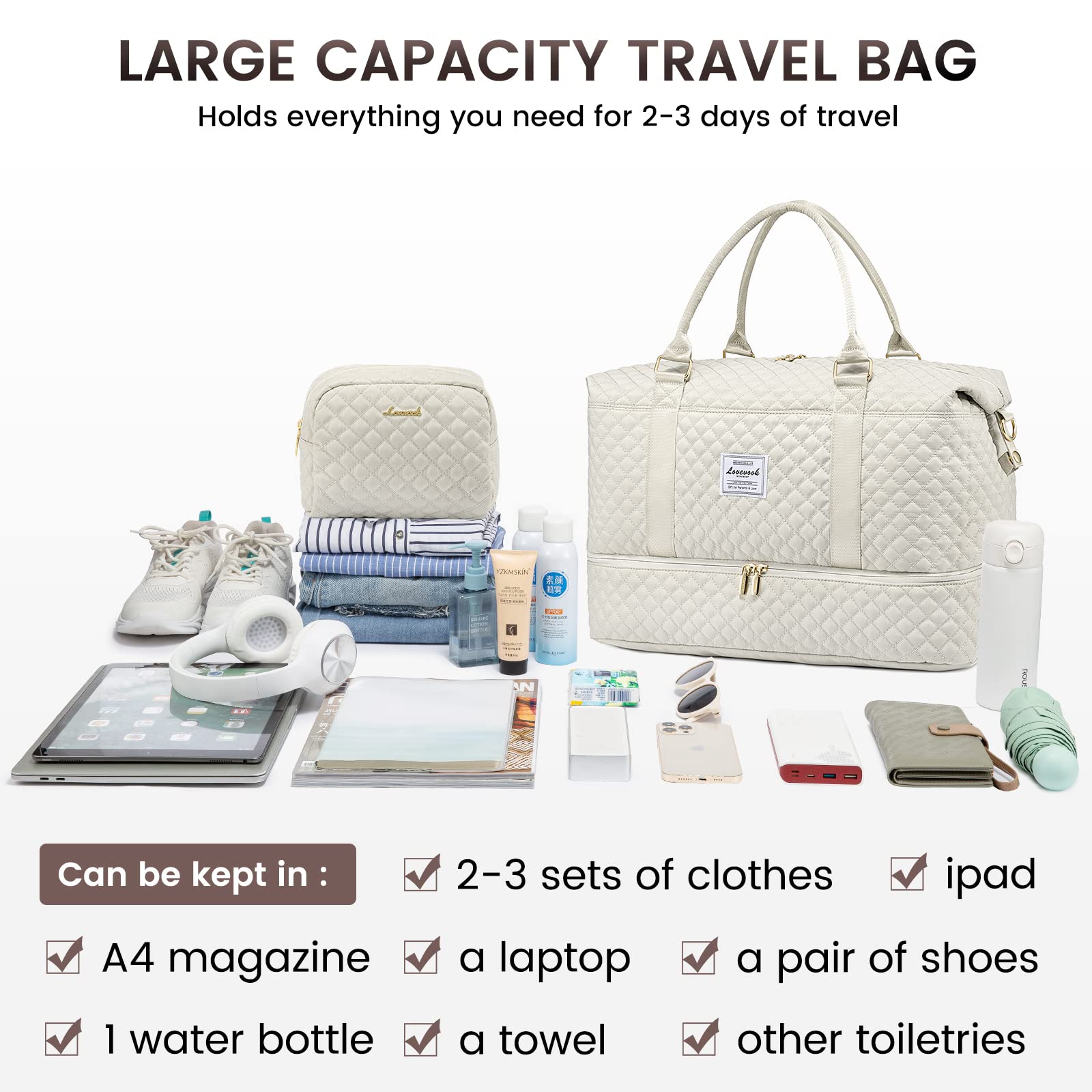Foto 8 pulgar | Bolsa De Viaje Lovevook Para Mujer Con Compartimento Para Zapatos, Color Beige - Venta Internacional.