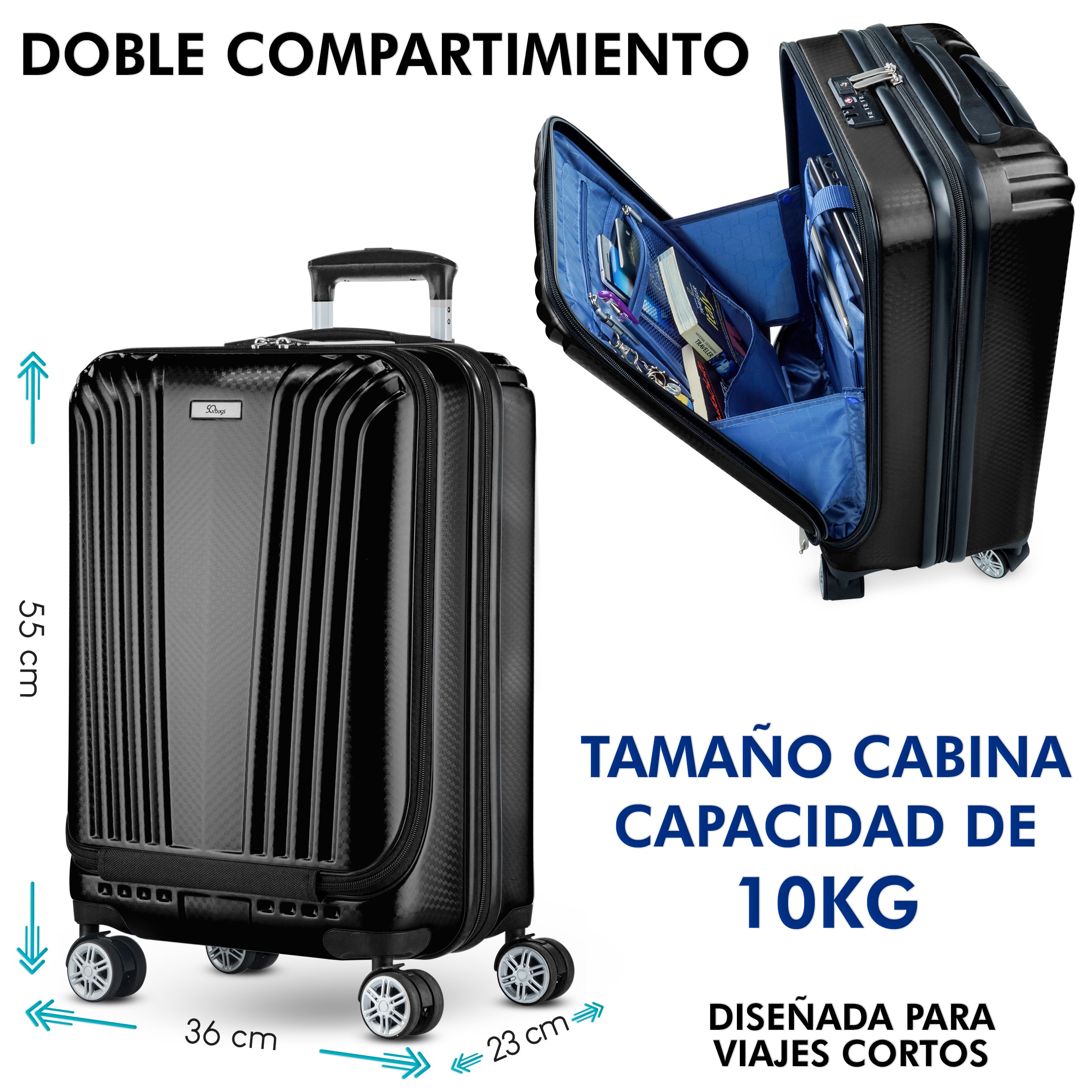 Foto 3 pulgar | Maleta con Ruedas Sqbags Negra de 20"